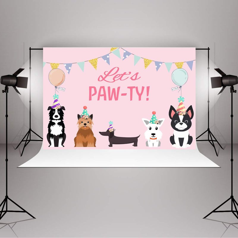 Aperturee 5x3ft Puppy Dog Happy Themed Backdrops Let's Paw-ty Doggy Pet Pink Girl Photography Backdrop Banner for Puppy Party Photo Booth Backdrop Vinyl Birthday Party Decorations - Image 4